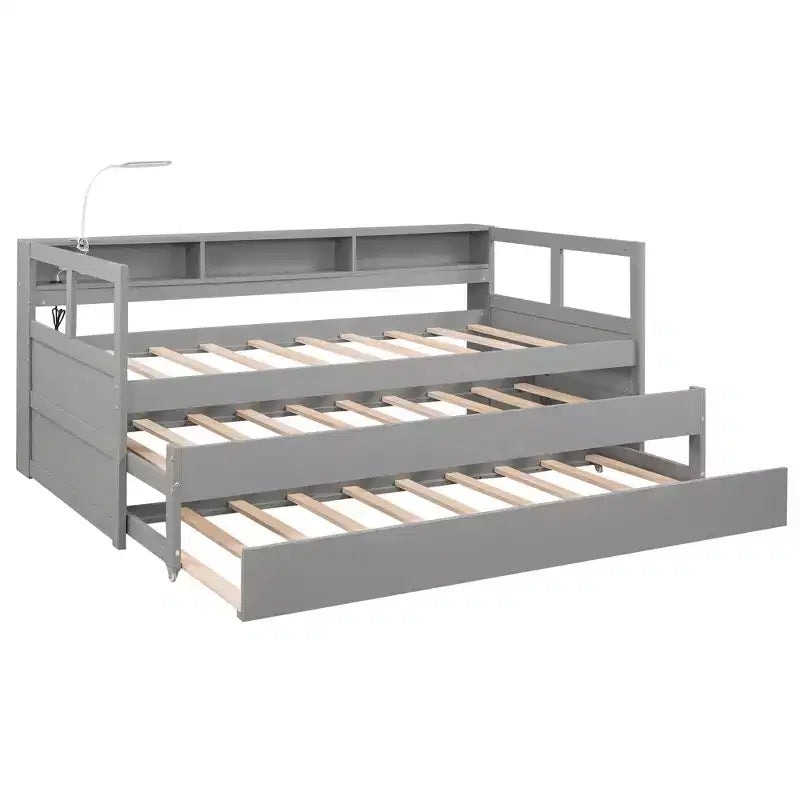 Divano letto Twin XL con 2 letti estraibili e ripiani portaoggetti, struttura letto in legno con ricarica USB e luce LED