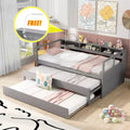 Twin XL Size Daybed with 2 Trundles and Storage Shelves, Wood Sofa Bed Frame with USB Charging Design and 1 Light for Free,