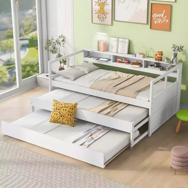 Divano letto Twin XL con 2 letti estraibili e ripiani portaoggetti, struttura letto in legno con ricarica USB e luce LED