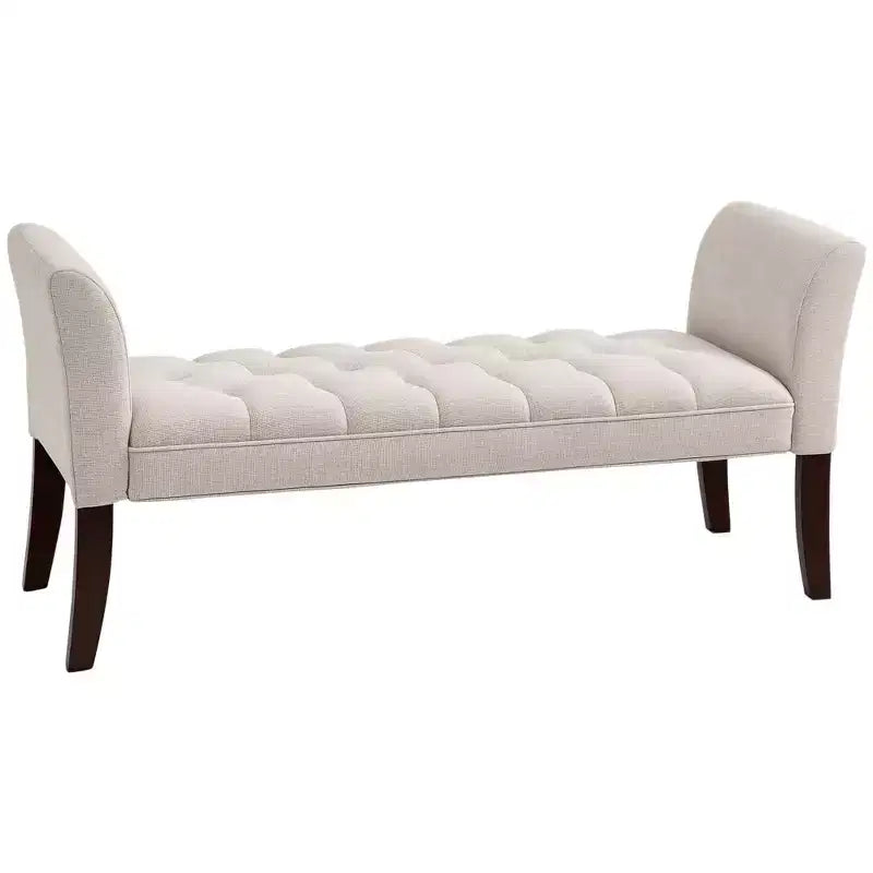 Upholstered Bedroom Bench with Button Tufted Design, End of Bed Bench with Arms and Solid Wood Legs