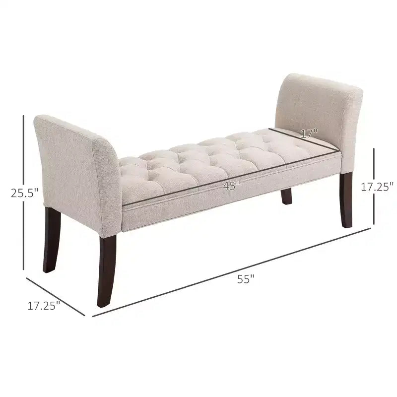 Panca da camera imbottita con design capitonné a bottoni, panca da fondo letto con braccioli e gambe in legno massello