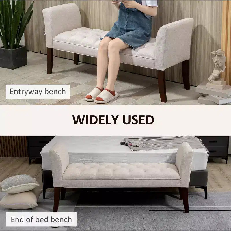 Panca da camera imbottita con design capitonné a bottoni, panca da fondo letto con braccioli e gambe in legno massello