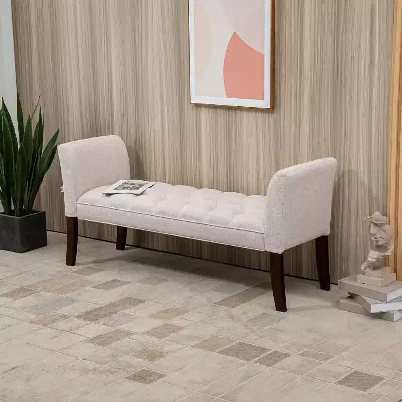 Panca da camera imbottita con design capitonné a bottoni, panca da fondo letto con braccioli e gambe in legno massello