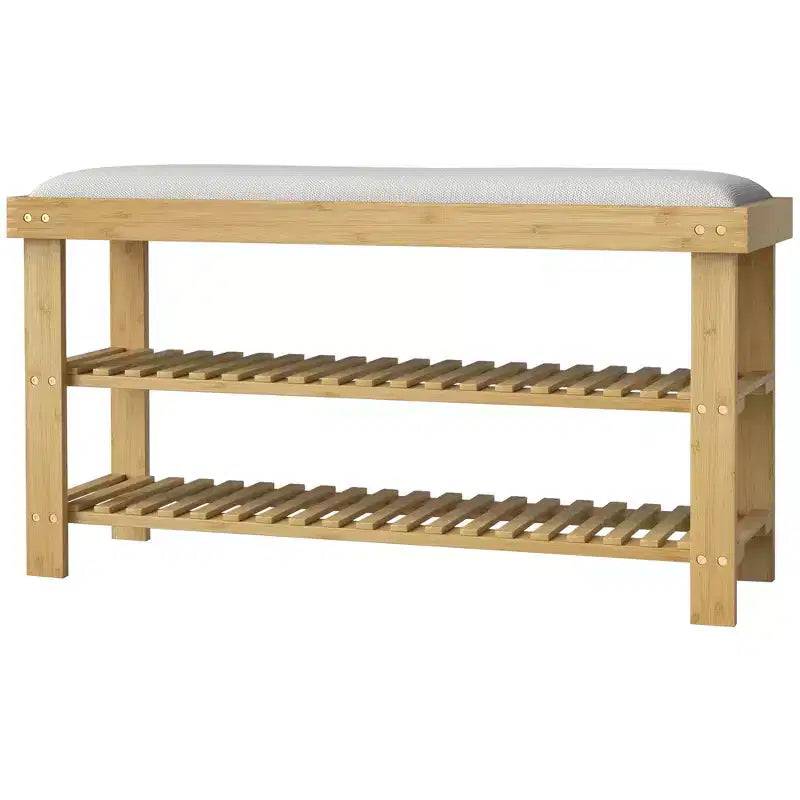 Bamboo Shoe Storage Bench, 3-Tier Entryway Bench with Cushion, Shoe Organizer for Entryway, Hallway