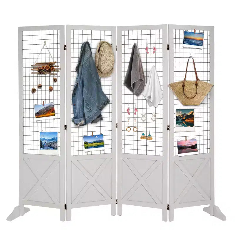 VINGLI 5ft Room Divider Freestanding Gridwall, 4 Panel Folding Display Board Organizer with Feet, Wooden Frame for Craft Shows Events Retail(White)