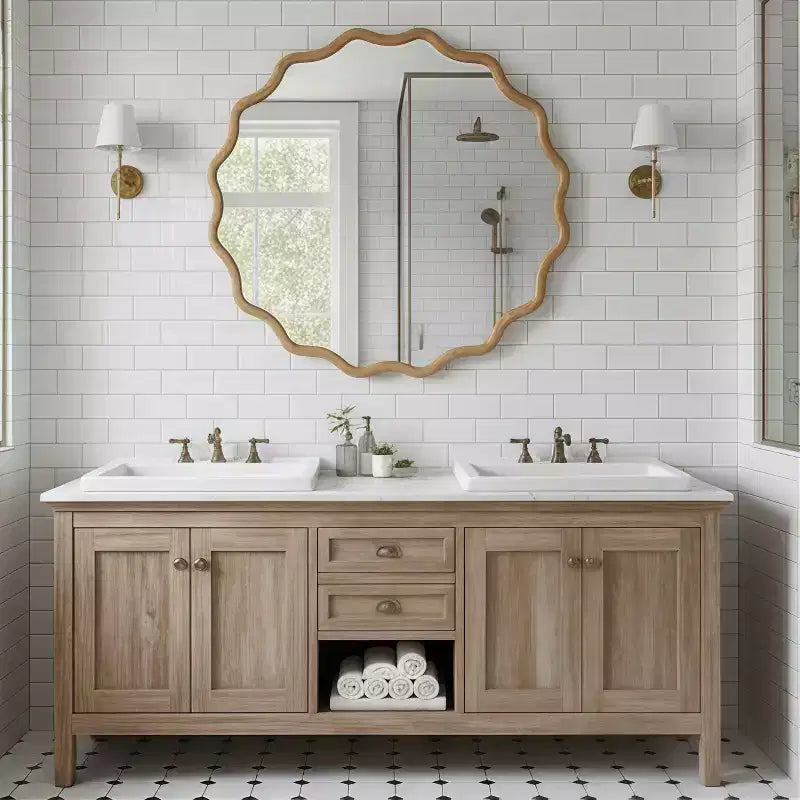 PexFix 30 Wavy Round Solid Wood Frame Decorative Mirror Modern Farmhouse Wall Mirror For Bedroom Bathroom Living Room Entryway Natural Wood