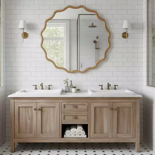 PexFix 30 Wavy Round Solid Wood Frame Decorative Mirror Modern Farmhouse Wall Mirror For Bedroom Bathroom Living Room Entryway Natural Wood