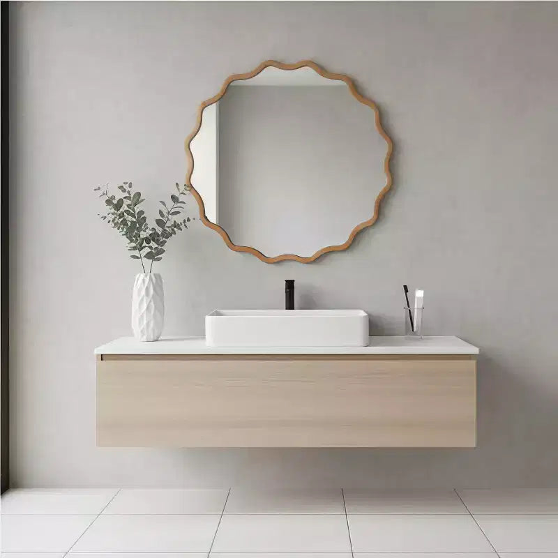 Specchio da parete decorativo rotondo ondulato con cornice in legno massello da 30", stile moderno-country, in legno naturale