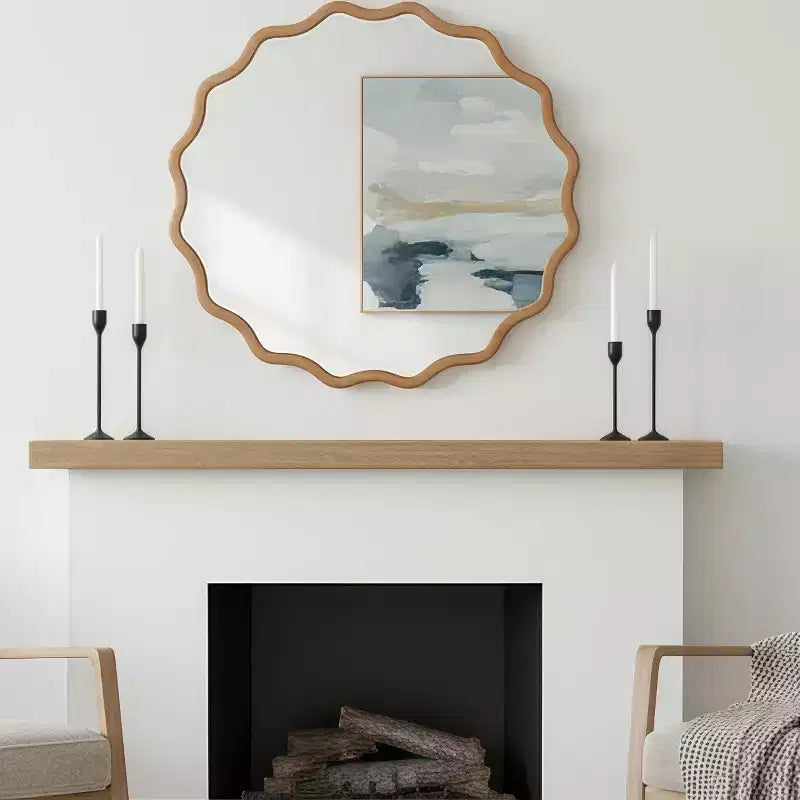 Specchio da parete decorativo rotondo ondulato con cornice in legno massello da 30", stile moderno-country, in legno naturale