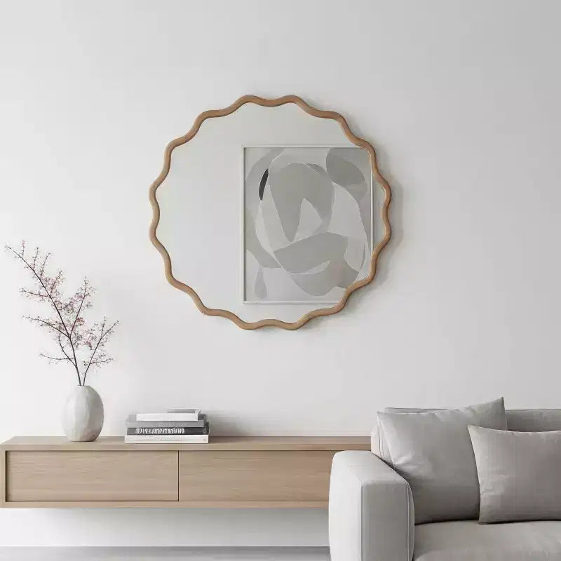 Specchio da parete decorativo rotondo ondulato con cornice in legno massello da 30", stile moderno-country, in legno naturale