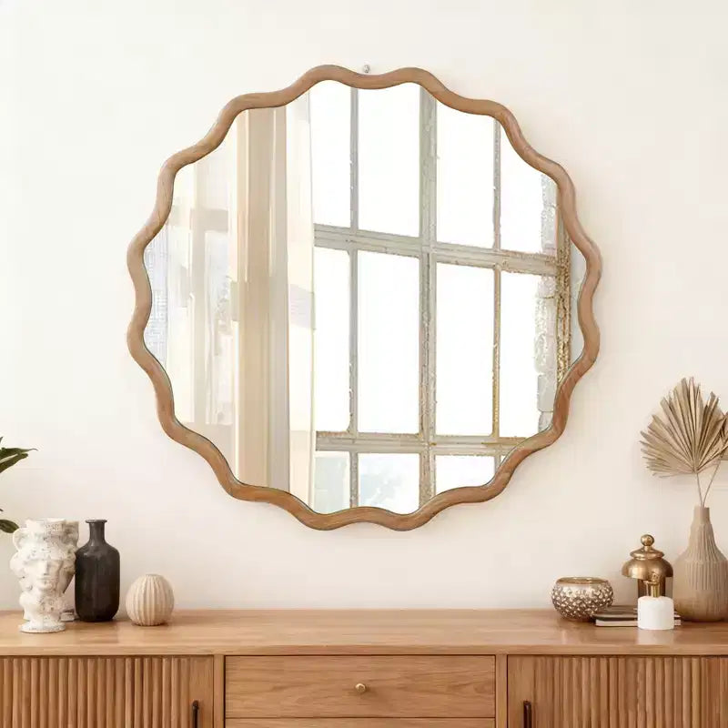 Specchio da parete decorativo rotondo ondulato con cornice in legno massello da 30", stile moderno-country, in legno naturale