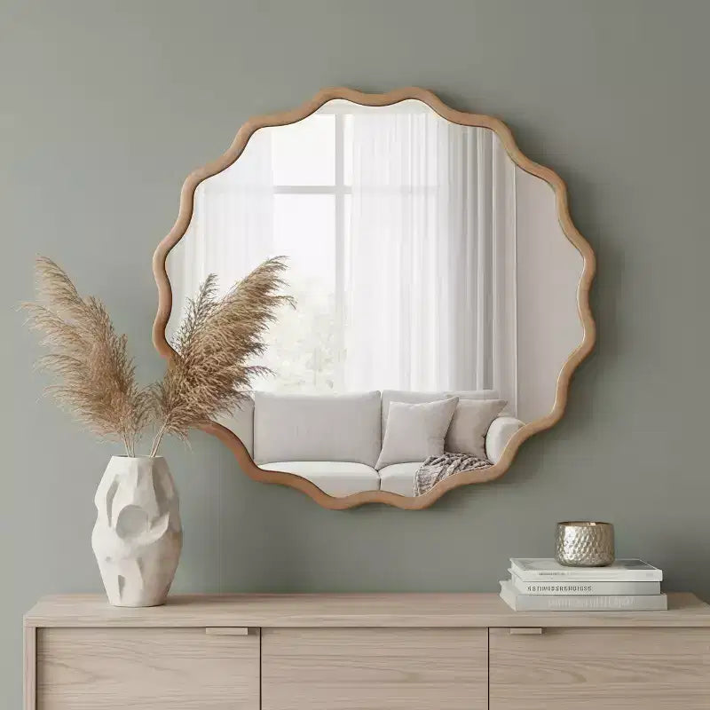 Specchio da parete decorativo rotondo ondulato con cornice in legno massello da 30", stile moderno-country, in legno naturale