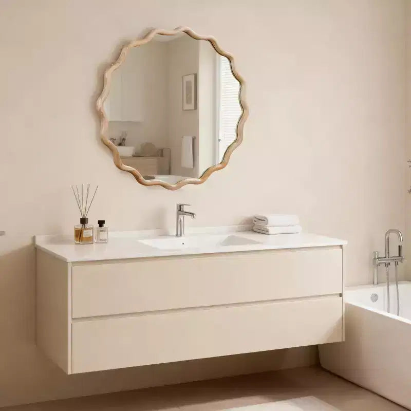 Specchio da parete decorativo rotondo ondulato con cornice in legno massello da 30", stile moderno-country, in legno naturale