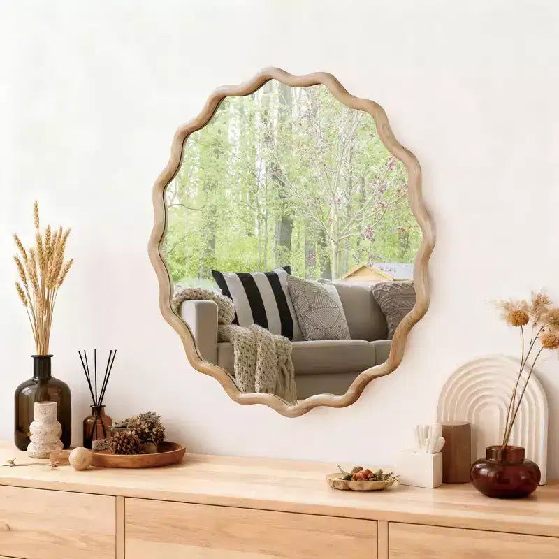 Specchio da parete decorativo rotondo ondulato con cornice in legno massello da 30", stile moderno-country, in legno naturale