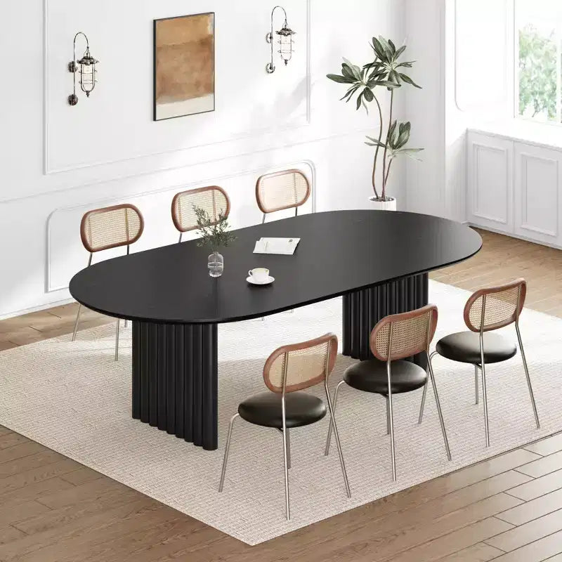 Tavolo da Pranzo Ovale da 200 cm per 6-8 Persone, Piano in Legno Antigraffio e Gambe a Strisce, Stile Modern Farmhouse, Nero