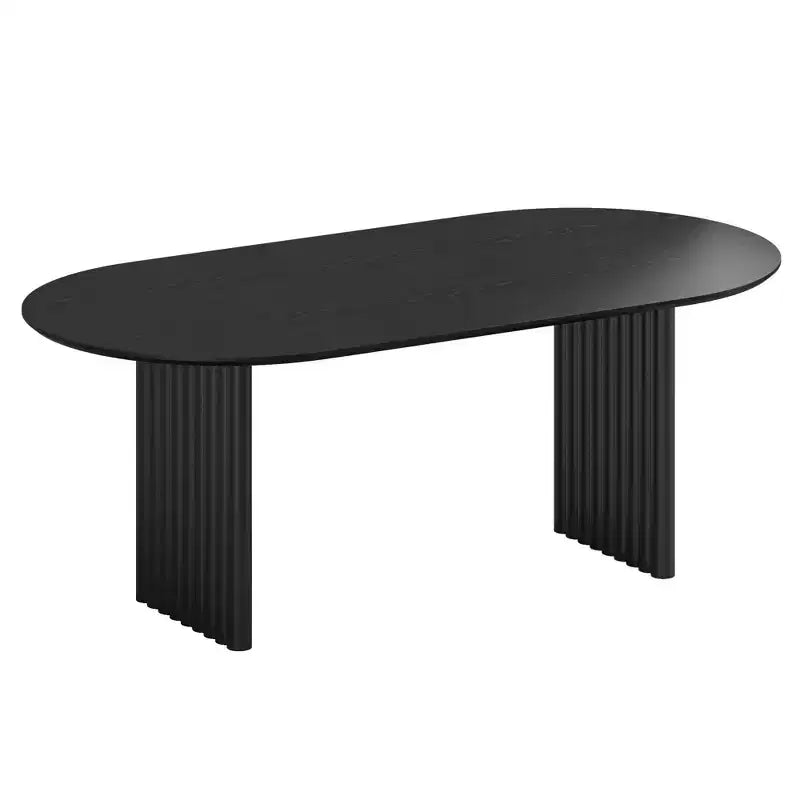Tavolo da Pranzo Ovale da 200 cm per 6-8 Persone, Piano in Legno Antigraffio e Gambe a Strisce, Stile Modern Farmhouse, Nero