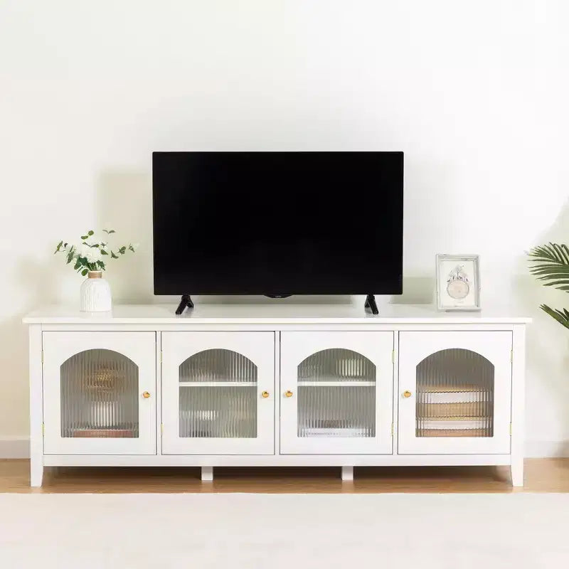 Modern TV Stand for 70 Inch TV, Media Console with Hard Wood Frame, Entertainment Center with Glass Door and Metal Handle for Living Room