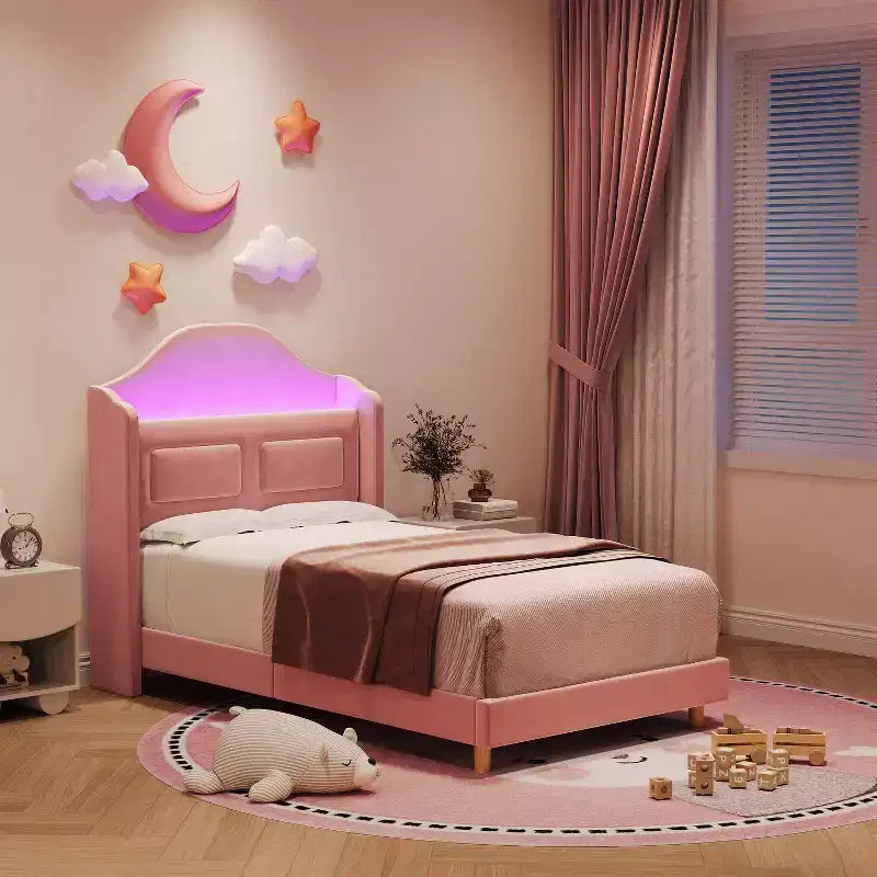 Letto a piattaforma singolo per bambini, imbottito in velluto con testiera a libreria e illuminazione a LED, non è richiesta la rete a molle
