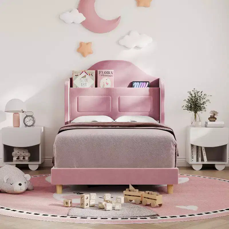 Letto a piattaforma singolo per bambini, imbottito in velluto con testiera a libreria e illuminazione a LED, non è richiesta la rete a molle