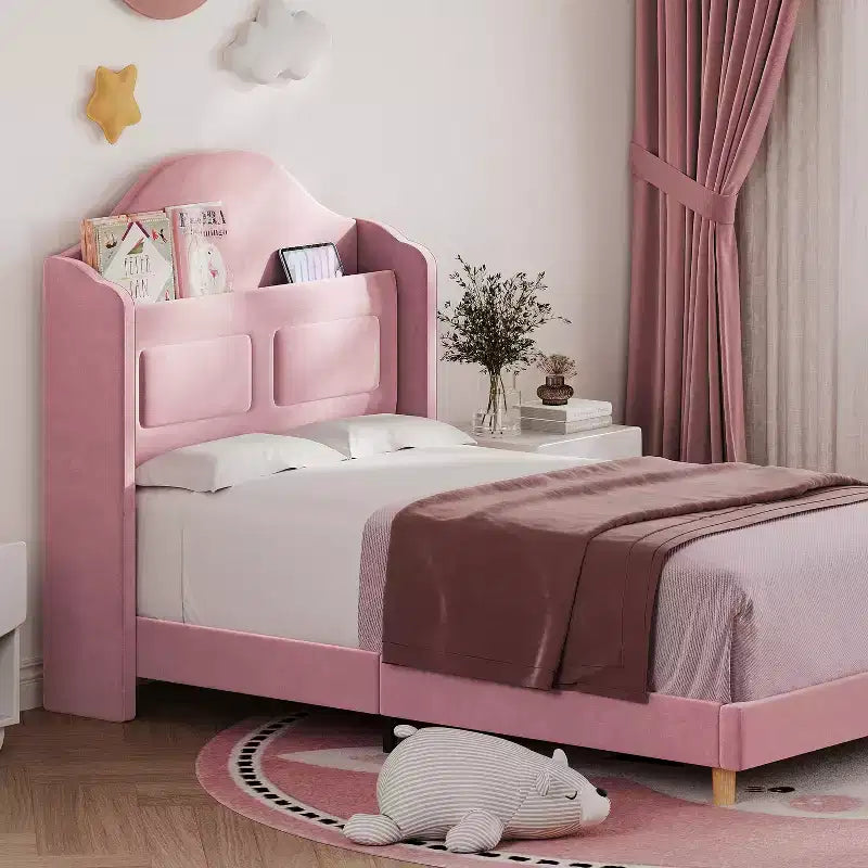 Letto a piattaforma singolo per bambini, imbottito in velluto con testiera a libreria e illuminazione a LED, non è richiesta la rete a molle