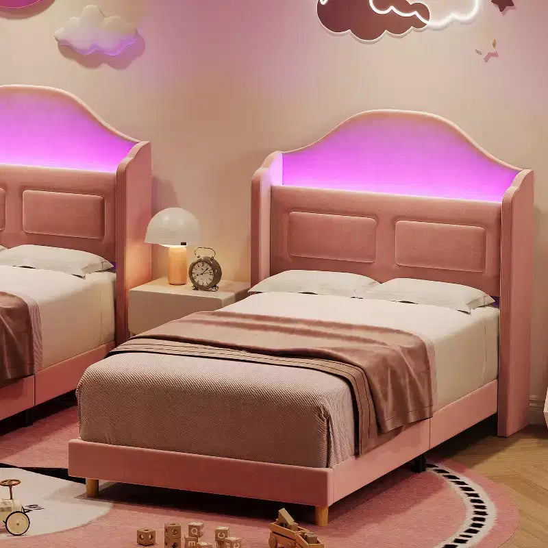Letto a piattaforma singolo per bambini, imbottito in velluto con testiera a libreria e illuminazione a LED, non è richiesta la rete a molle
