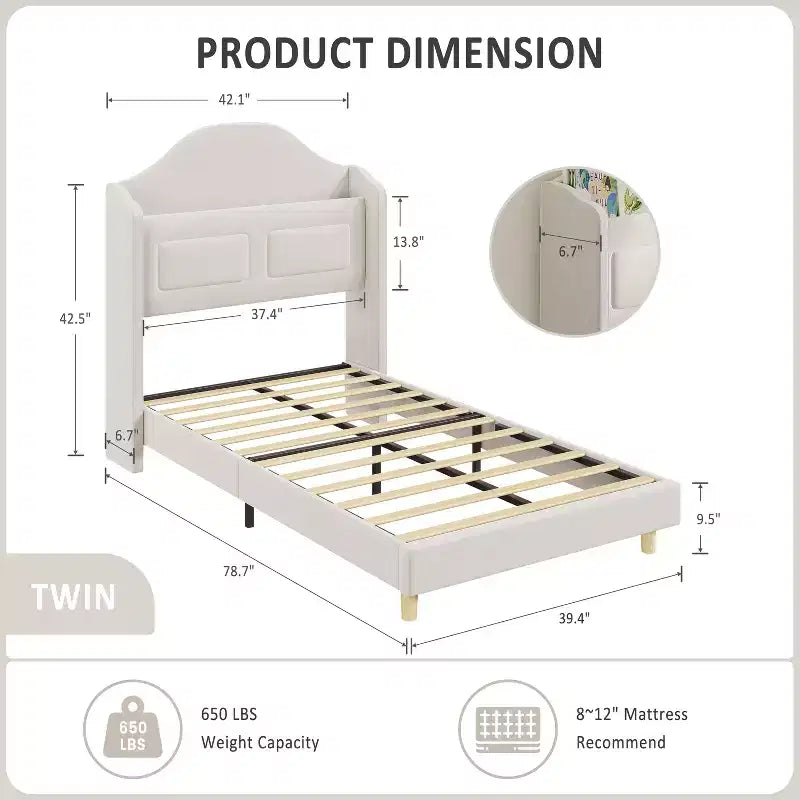 Letto a piattaforma singolo per bambini, imbottito in velluto con testiera a libreria e illuminazione a LED, non è richiesta la rete a molle