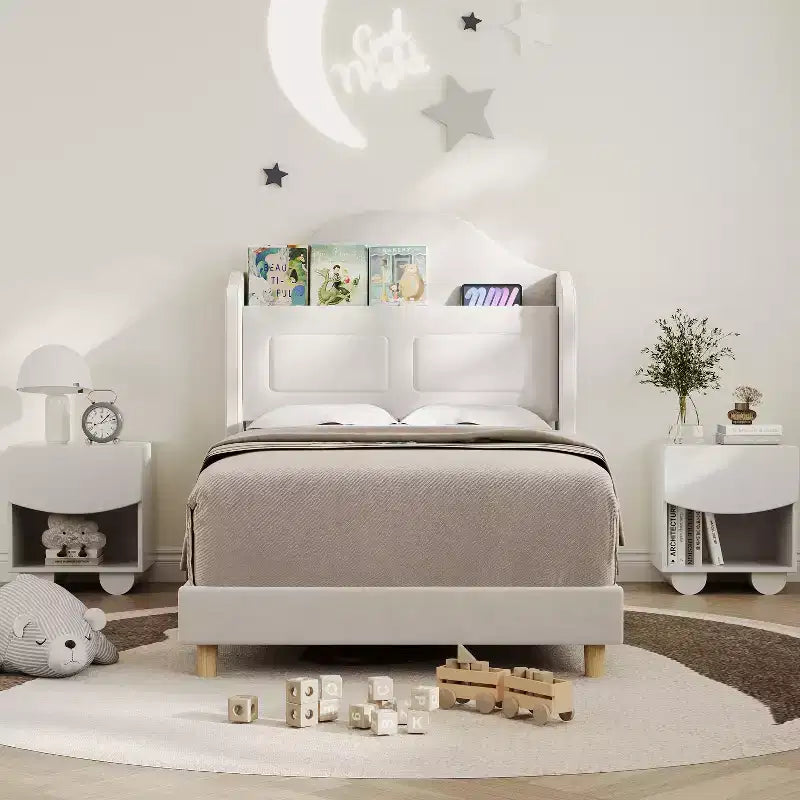 Letto a piattaforma singolo per bambini, imbottito in velluto con testiera a libreria e illuminazione a LED, non è richiesta la rete a molle
