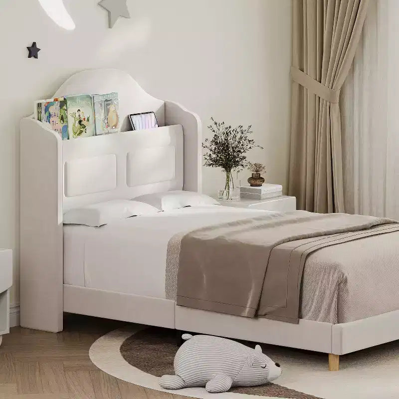 Letto a piattaforma singolo per bambini, imbottito in velluto con testiera a libreria e illuminazione a LED, non è richiesta la rete a molle
