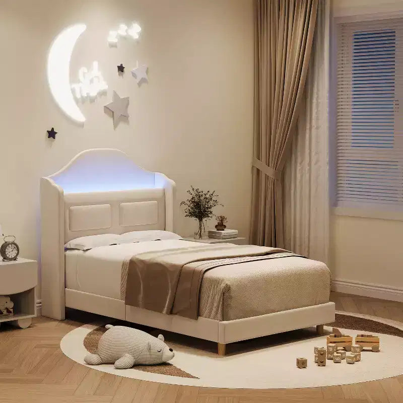 Letto a piattaforma singolo per bambini, imbottito in velluto con testiera a libreria e illuminazione a LED, non è richiesta la rete a molle