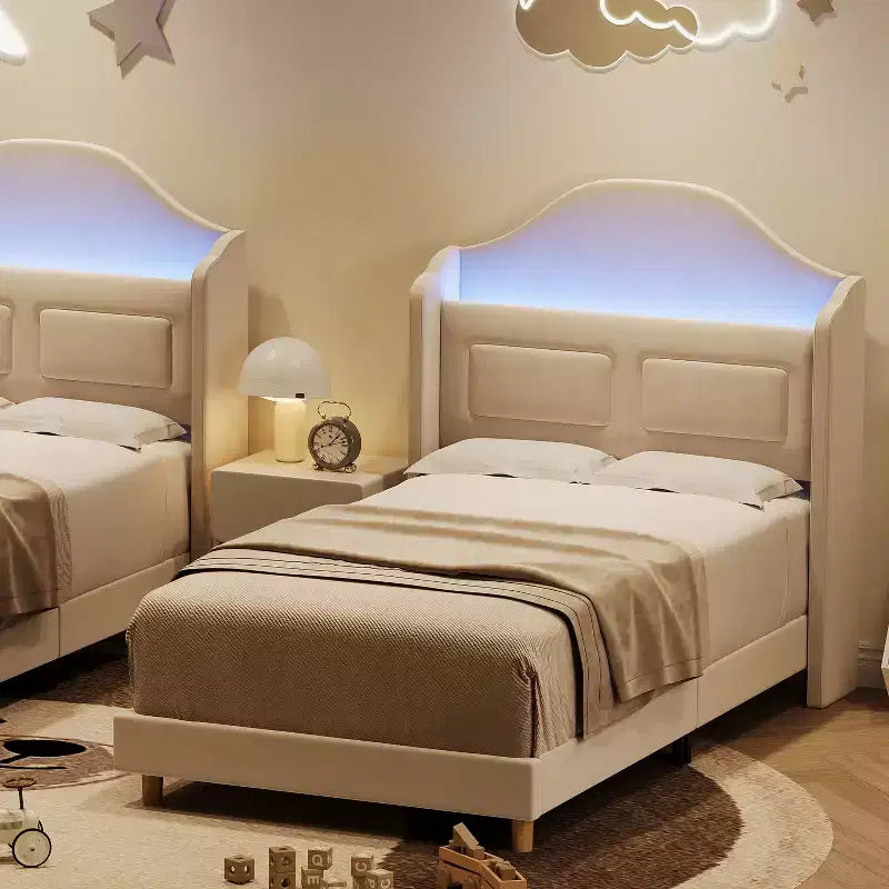 Letto a piattaforma singolo per bambini, imbottito in velluto con testiera a libreria e illuminazione a LED, non è richiesta la rete a molle
