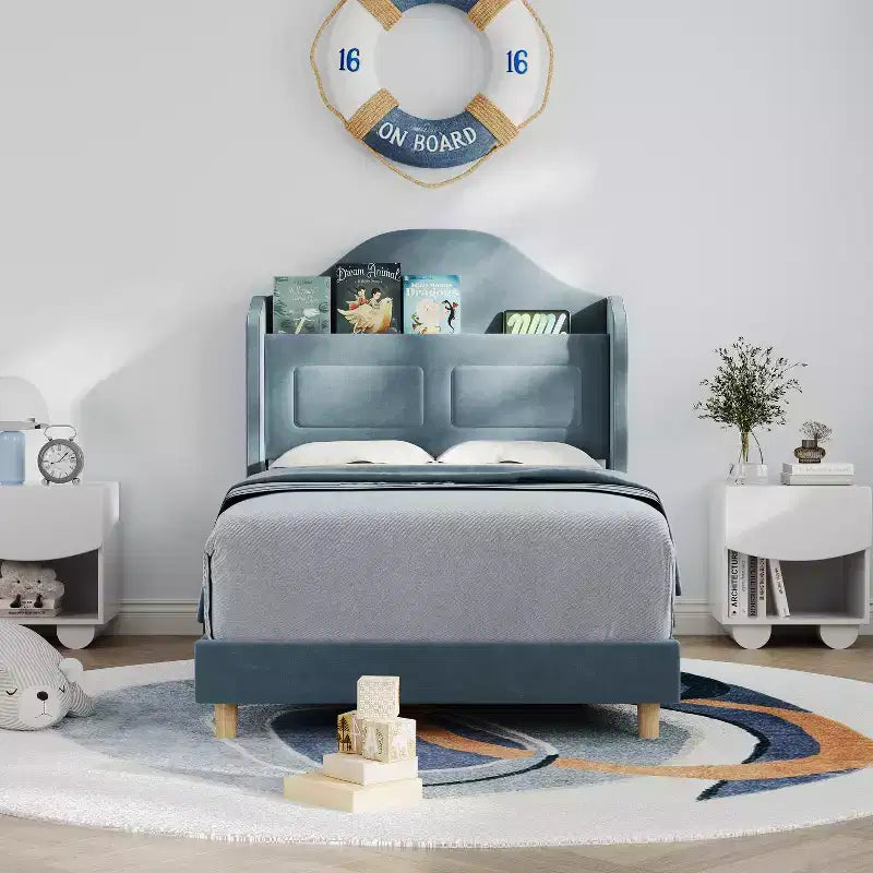 Letto a piattaforma singolo per bambini, imbottito in velluto con testiera a libreria e illuminazione a LED, non è richiesta la rete a molle