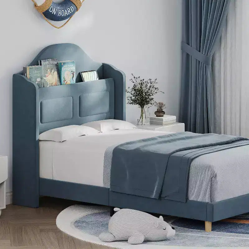 Letto a piattaforma singolo per bambini, imbottito in velluto con testiera a libreria e illuminazione a LED, non è richiesta la rete a molle