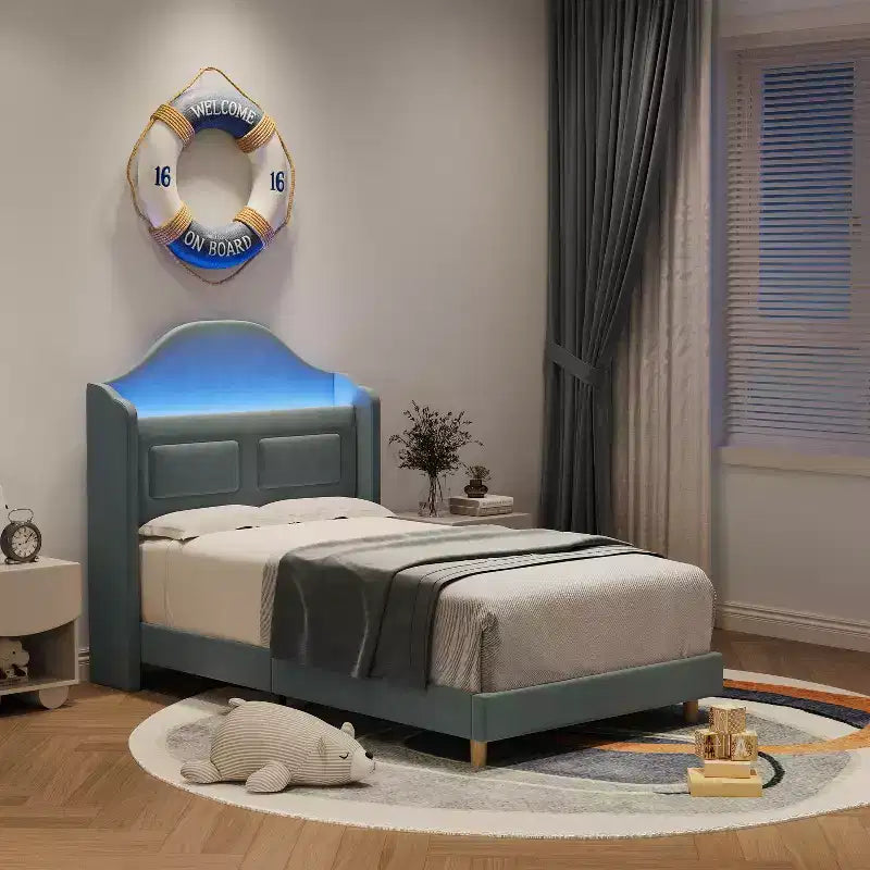 Letto a piattaforma singolo per bambini, imbottito in velluto con testiera a libreria e illuminazione a LED, non è richiesta la rete a molle