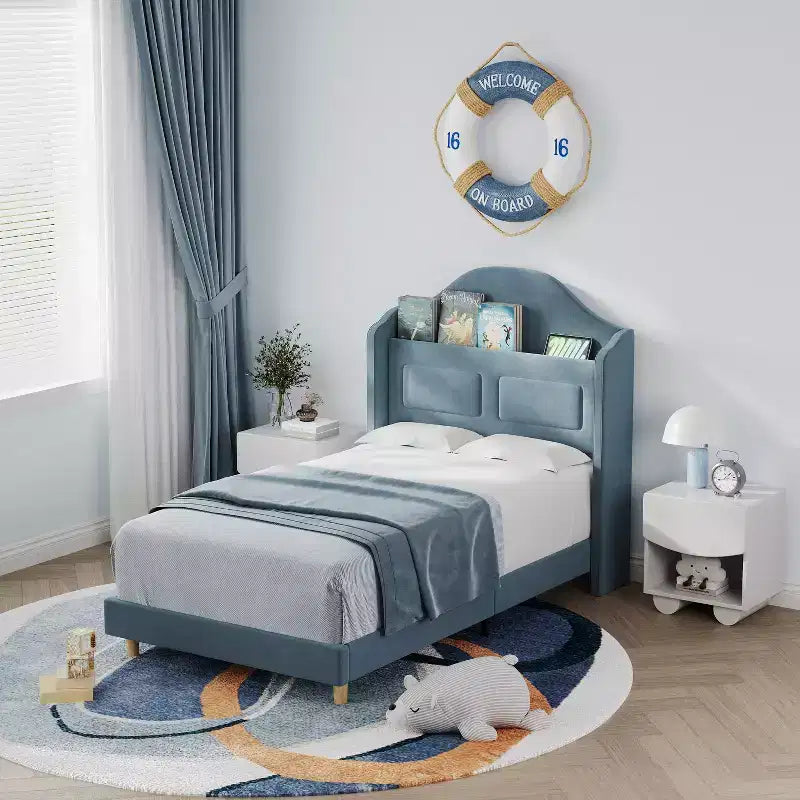 COZONY Twin Kids Bed Frame, Upholstered Velvet Princess Platform Bed with Wingback, Storage Bookcase Headboard & LED Light, No Box Spring Needed