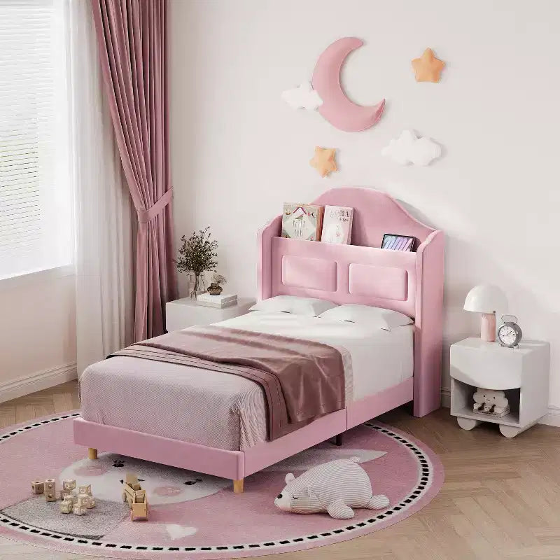 Letto a piattaforma singolo per bambini, imbottito in velluto con testiera a libreria e illuminazione a LED, non è richiesta la rete a molle