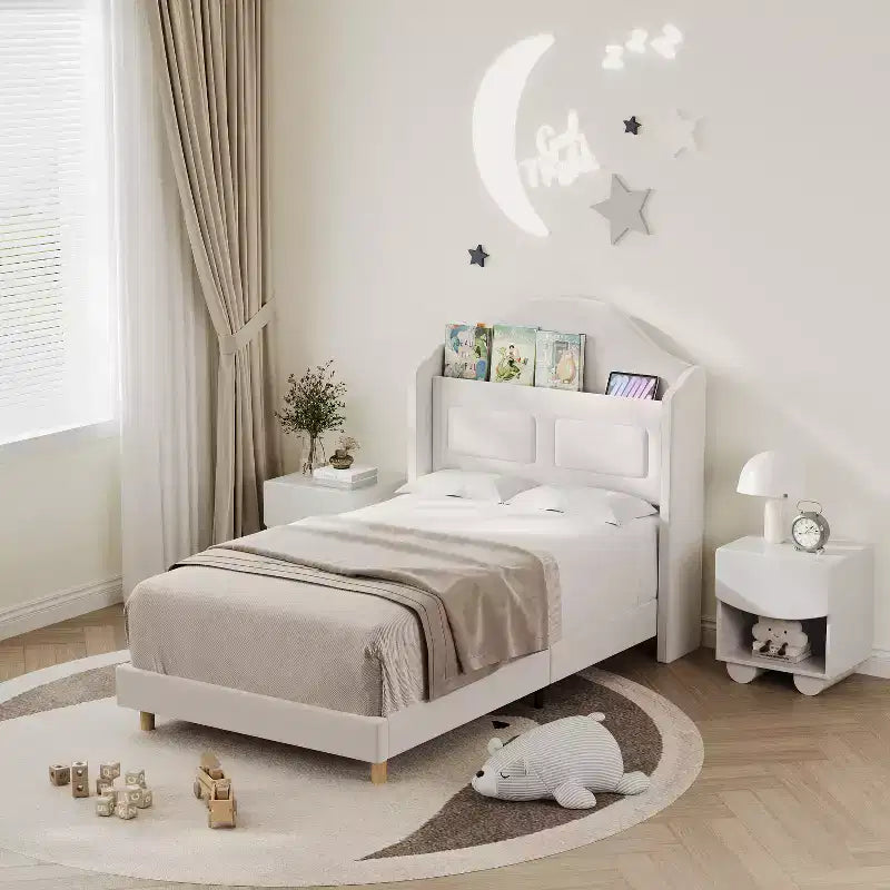 Letto a piattaforma singolo per bambini, imbottito in velluto con testiera a libreria e illuminazione a LED, non è richiesta la rete a molle
