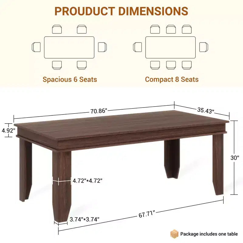 Tavolo da pranzo rustico da 180 cm per 6-8 persone, piano in MDF antigraffio, gambe poligonali, marrone