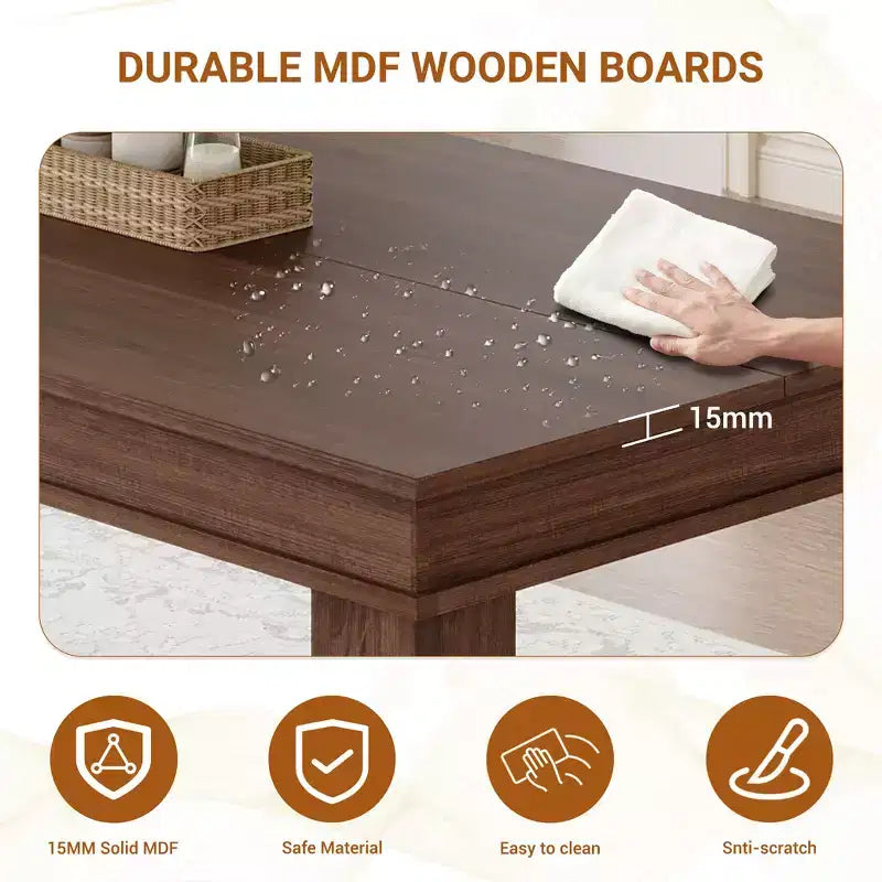 Tavolo da pranzo rustico da 180 cm per 6-8 persone, piano in MDF antigraffio, gambe poligonali, marrone
