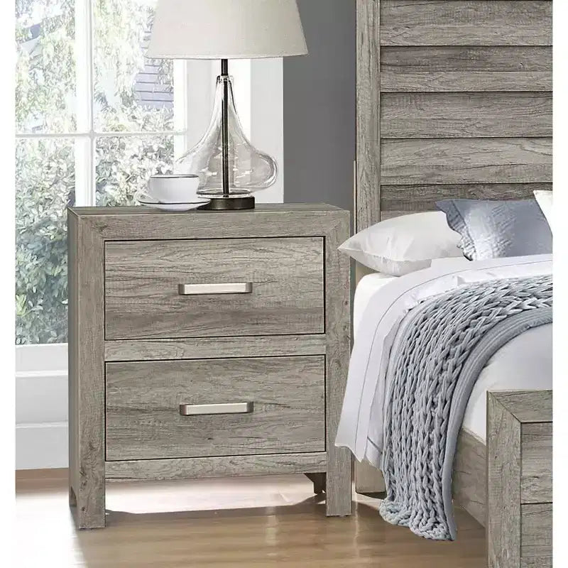Comodino da camera da letto con impiallacciatura in simil legno e ferramenta in nichel