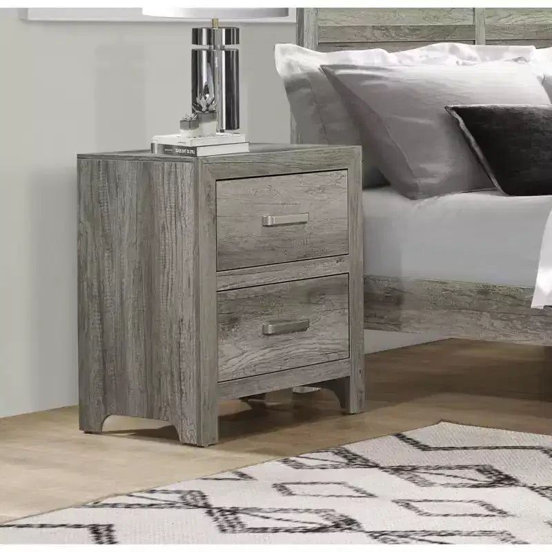 Comodino da camera da letto con impiallacciatura in simil legno e ferramenta in nichel
