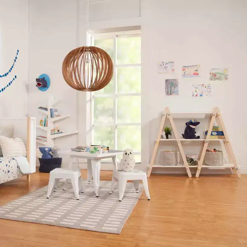 Libreria per bambini a 3 ripiani con bottoni colorati, bianco e legno naturale chiaro, in legno di pino
