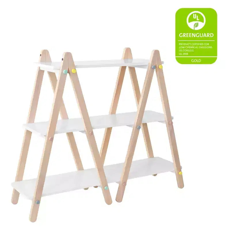 Libreria per bambini a 3 ripiani con bottoni colorati, bianco e legno naturale chiaro, in legno di pino