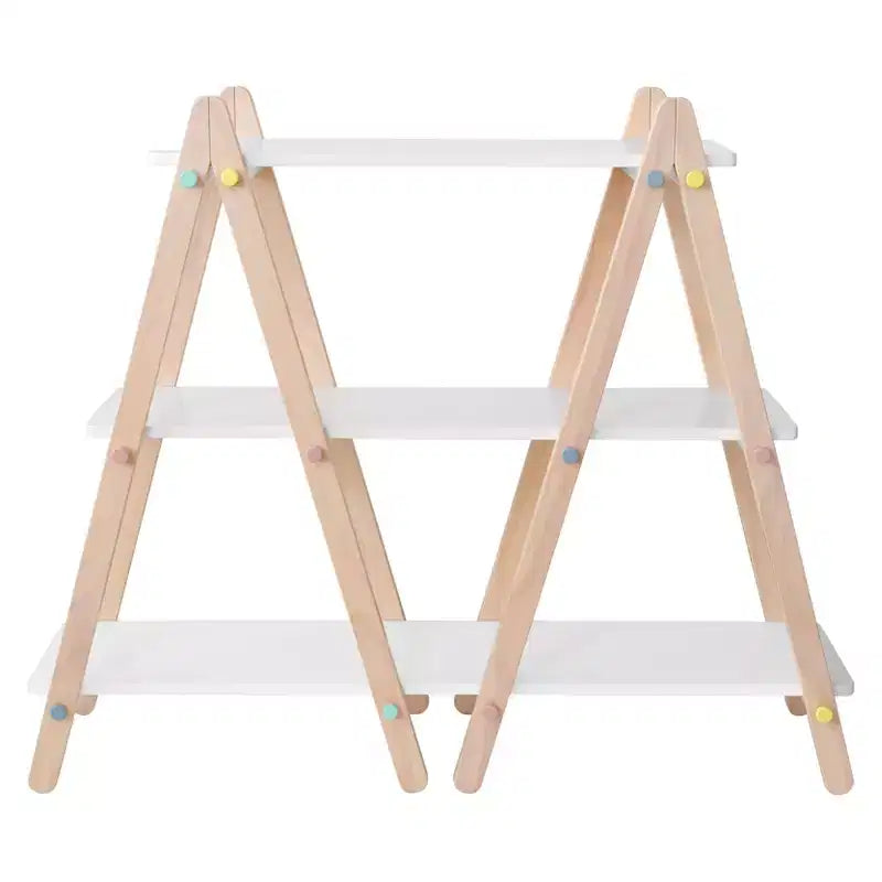 Libreria per bambini a 3 ripiani con bottoni colorati, bianco e legno naturale chiaro, in legno di pino