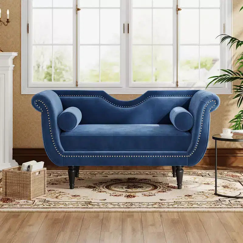 Christopher Knight Home Baird Velvet Bench with Nailhead Trim and Curved Arms, 2 Pillows and Wood Legs