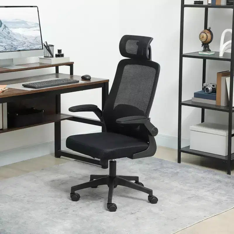 Sedia da ufficio ergonomica in rete con braccioli ribaltabili, poggiatesta e supporto lombare regolabili