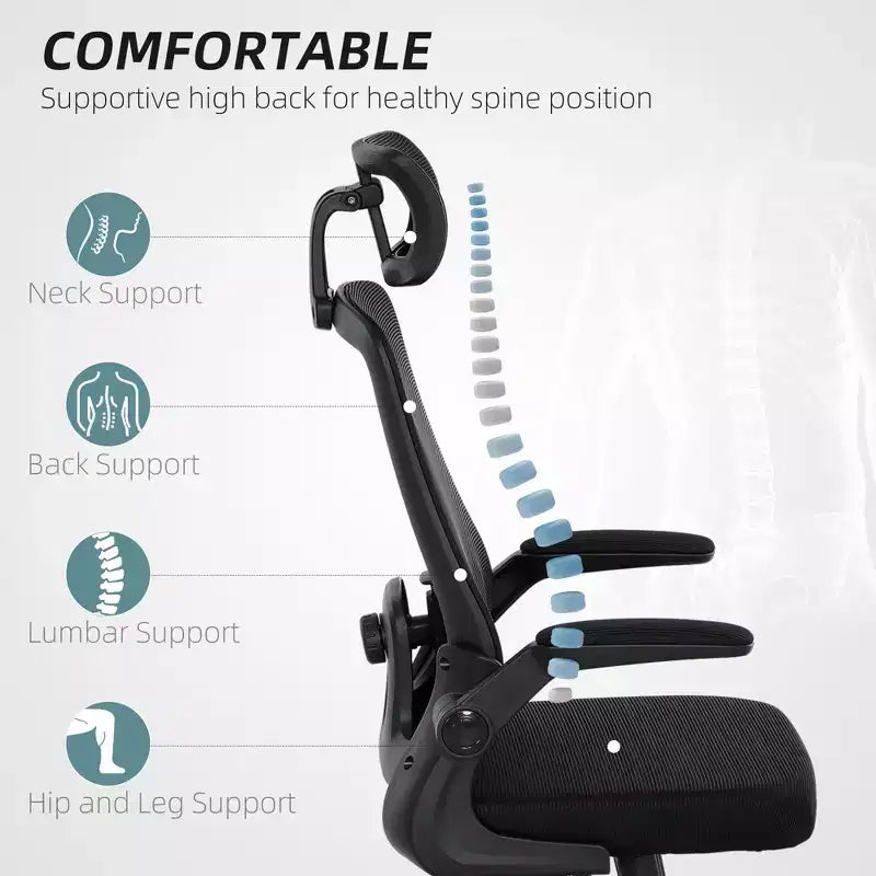 Sedia da ufficio ergonomica in rete con braccioli ribaltabili, poggiatesta e supporto lombare regolabili