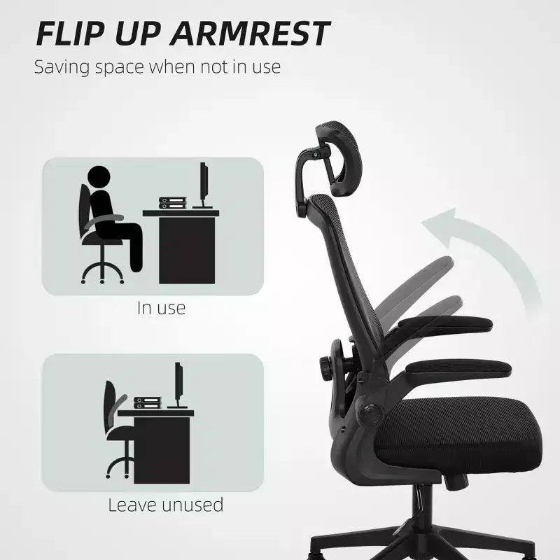 Sedia da ufficio ergonomica in rete con braccioli ribaltabili, poggiatesta e supporto lombare regolabili