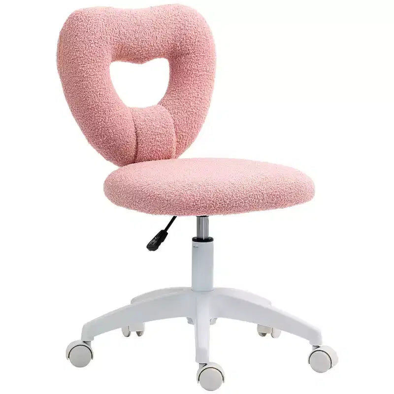 Armless Computer Desk Chair, Office Task Chair, Teddy Fleece Heart Makeup Vanity Chair with Swivel Wheels