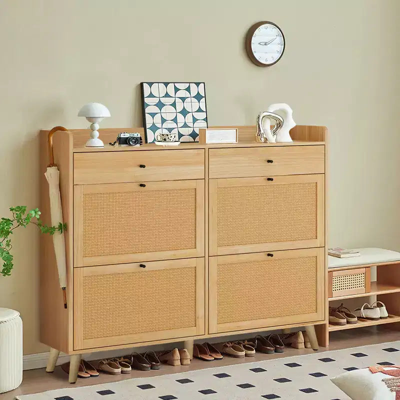 Acekool Rattan Shoe Storage Cabinet, 4 Flip Drawers & 2 Drawers, Boho Organizer for Entryway, Hallway, Living Room, Nature Oak