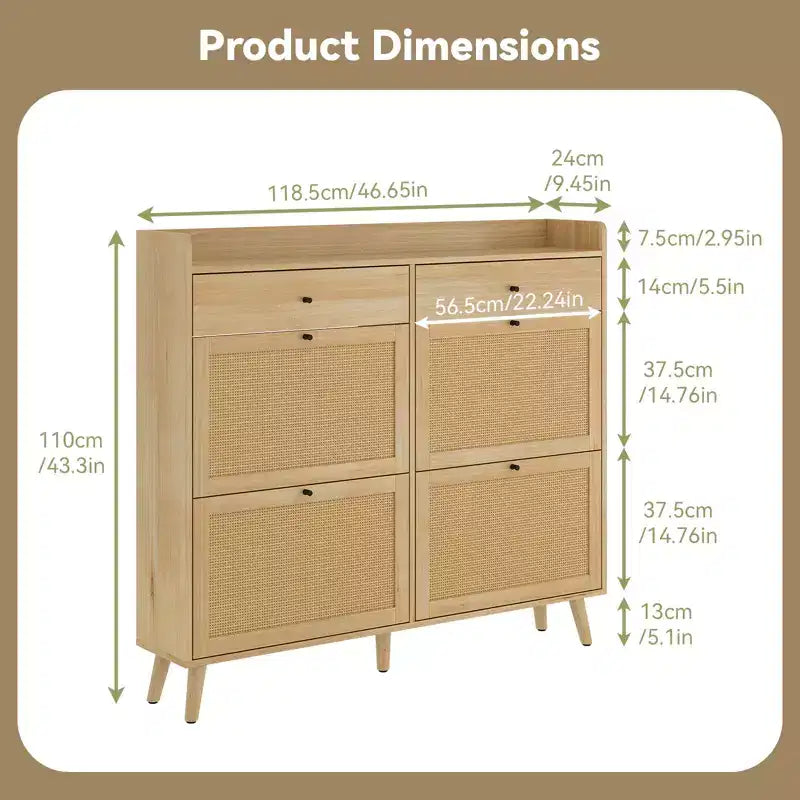 Scarpiera in Rattan, 4 Cassetti a Ribalta e 2 Cassetti Estraibili, Organizzatore Bohemien per Ingresso, Rovere Naturale